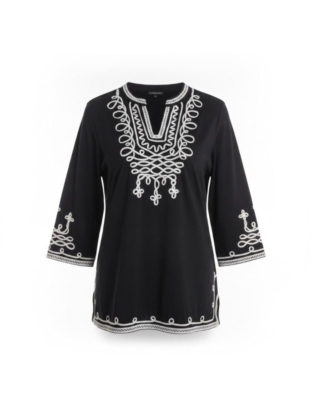 Lauren Michelle Womens Black Cotton Embroidered Tunic Top 3/4 Sleeves Bohemian S